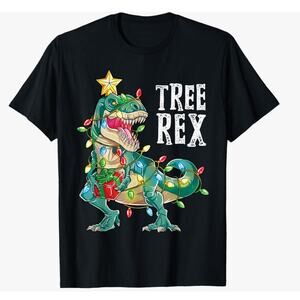 Dinosaur Christmas Tree Rex  Xmas Lights T-Shirt Mens size S